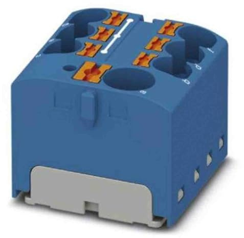 Phoenix Contact CONTACT PTFIX 10/6X4 BU Verteilerblock, 450 V, 32 A, Anzahl der Anschlüsse 7, Querschnitt 0,2 mm²-6 mm², AWG 24-10, Breite 27,9 mm, Höhe 21,7 mm, Blau, 1 Stück