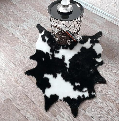 Plancholo Teppich mit schwarzem Kuhdruck, Kunstfell, 81 x 100 cm, Teppich, Tierdruck, Akzentteppich für Dekoration, Schwarz und Weiß