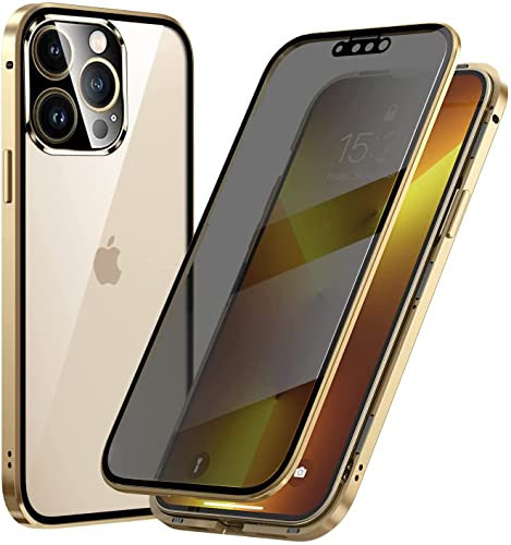 Hkess Anti-Peep Magnetic Adsorption Case for iPhone 13 Pro Max Cover Metal Bumper Privacy Magnetic Case Double Tempered Glass Anti Spy 360 Degrees Full Screen Protection Case Flip Privacy Cover,Gold