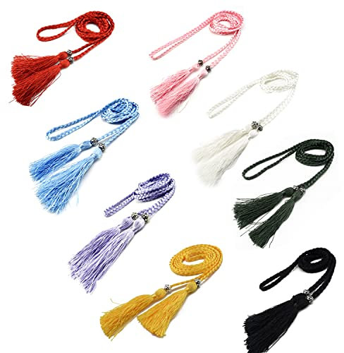 Femmes Ceinture Tressée Avec Gland,Tiuxiu 8pcs Mince Ceinture Tressée Bowknot Robe Ceinture Jupe Taille Chaîne Taille Corde Ceinture Femmes Accessoires (166cm,Multicolore)