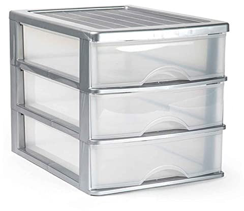 AC - Cajonera de Almacenamiento sobremesa con 3 cajones, Torre de Almacenamiento Multiusos para Oficina, hogar, Escuela, etc. 26,8 x 27 x 35,5 cm. Color Plata. Modelo Aleatorio