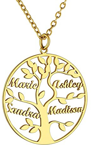 GoldChic JEWELRY Regalos para Madres Navidad Cumpleanos, Cadena Arbol de la Vida para 4 Nombres Personalizables, Colgante Arbol de Familia Regalo Original Dia de la Madre, Dorado