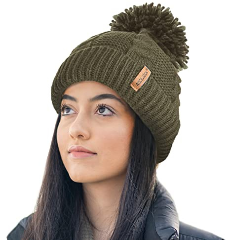 RockJock Ladies STORMACTIVE 100% Waterproof Warm Cable Knit Winter hat with Pompom and Thermal Cosy Liner-Olive