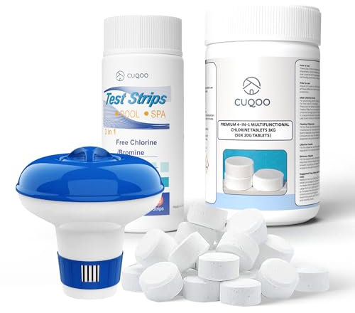 𝐏𝐔𝐑𝐄 𝐒𝐏𝐋𝐀𝐒𝐇! 1kg Chlorine Tablets w/Dispenser & Test Strips – Complete 4-in-1 Hot Tub & Pool Maintenance Kit for Inflatable, Paddling, Above-Ground Pools | Sanitiser, Clarifier, Algaecide