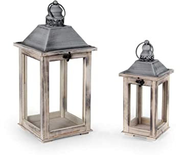 Set 2 Lanterne decorative porta candele stuttura in legno vetro e metallo shabby chic casa giardino KMK-837791