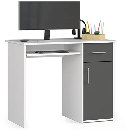AKORD Bureau PC PIN avec étagère pour Clavier | Petit Bureau avec tiroirs | Bureau d'ordinateur | 1 tiroir 1 Compartiment de Rangement avec Porte L90 x H74 x P50 cm 29 kg | Blanc/Gris Graphite