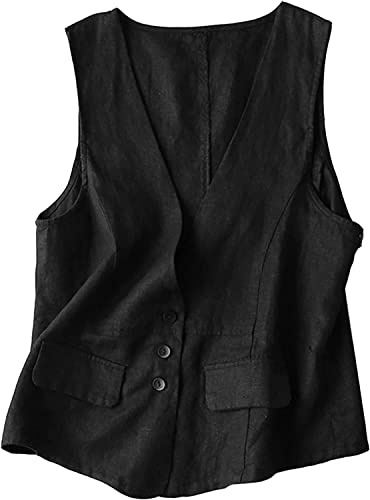 Vagbalena Damen Baumwolle Leinen Knopf Unterhemd lässig lose V-Ausschnitt ärmellose Weste Unterhemd Jacke Schnitt Design ärmellose Baumwolle Leinenweste (Schwarz,L)
