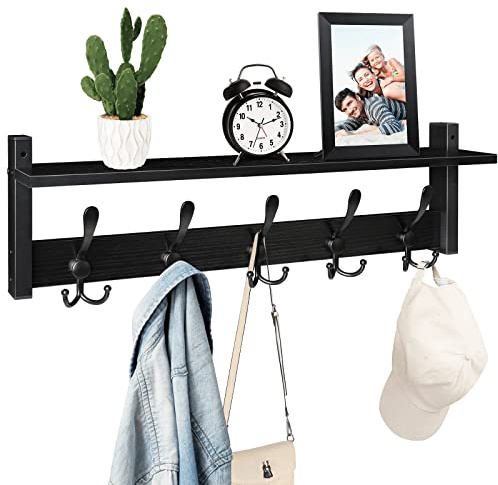 Homode Porte-manteau avec étagère, crochets muraux de 61 cm avec étagère, cintre en bois à suspendre avec trois crochets pour entrée, salle de bain, vestiaire, chambre à coucher, noir