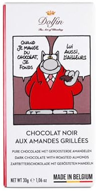 Dolfin Le Chat Chocolat Noir aux Amandes Grillées - Tablette Chocolat Noir Belge de Qualité & Amandes Grillées - Personnage Hilarant Le Chat - Épicerie Fine & Idée Cadeau - Fait en Belgique, 30g