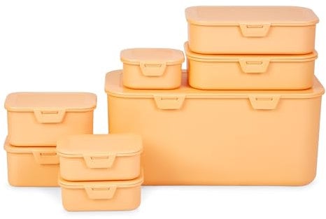 Bravich Storage Containers With Lids - Set Of 8. Multi Function Plastic Container Boxes For Fridge Freezer, Kitchen, House Essentials & Organisation. Reusable Storage Boxes - Pack Of 8, Orange.