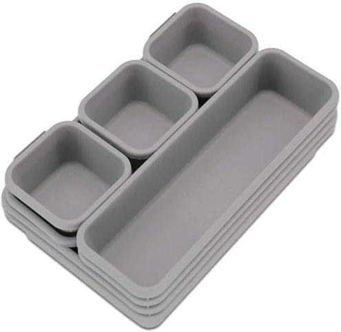 NTEK 8pcs Interlocking Drawer Organizer Plastic Storage | Desk Drawer Organizer | Trays Dividers for Kitchen Office Desk Make-Up Clothing Jewelry Craft Bathroom organizing (GREY)