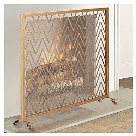 Fire Guard Heavy Duty Wrought Iron Fire Guard Gate, 31.4in Tall Metal Fireplace Screen Mesh Cover, Indoor Outdoor Safety Fire Place Fence Spark Guard Cover, Gold Decoration