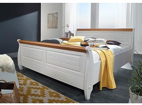 Lomadox Schlafzimmer Bettgestell Ehebett Doppelbett 180x200 cm in Kiefer massiv weiß mit Honig, B/H/T: ca. 187/99/223 cm
