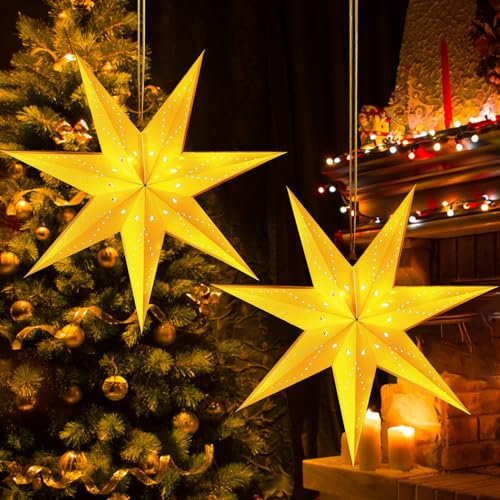 2 Stück Faltstern Weihnachten Papierstern Lampenschirm, 45cm Papiersterne zum Aufhängen, Weihnachtssterne Beleuchteter, Faltsterne Weiß Papierstern Beleuchtet, Sterne Papier zum Fenster Dekoration (A)