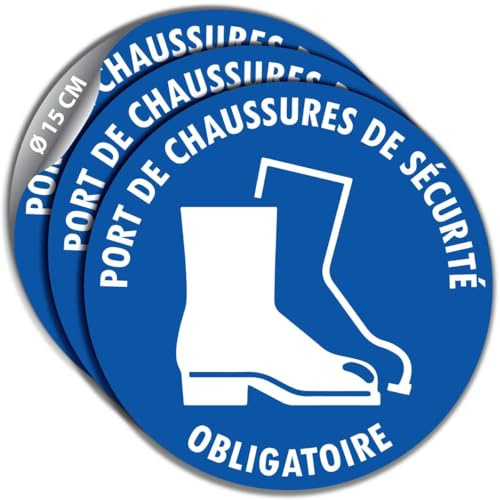 3 Stickers Ø 15 cm PORT DE CHAUSSURES DE SÉCURITÉ OBLIGATOIRE M008 | Étiquettes autocollantes rondes de signalisation de sécurité en vinyle adhésif pour obligation de porter des EPI aux pieds