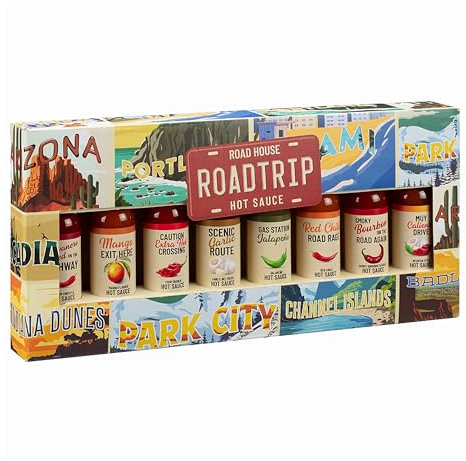 Hot Sauce Gift Set for Mens Gifts - Road Trip Chilli Hot Sauce Set of 8 Street Food Sauce Bottle Heat Pack with Topline Card. Christmas Gifts, Stocking Fillers, BBQ Hot Dogs, Birthday Gifts for Women