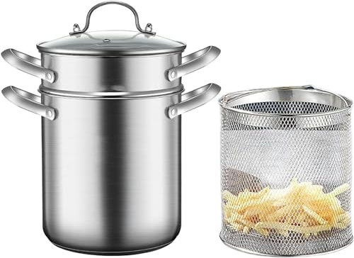 Cooking Pots,Spaghetti Pot with Basket and Glass Lid, 304 Stainless Steel Japanese Asparagus Steamer Pot High Oil Deep Fry Pan Pasta Cooker Pot for Home Kitchen