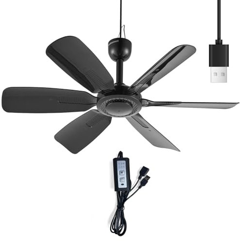 bestmoument 17.7 Inch Small Portable Ceiling Fan with Speed Timer switch, USB Plug In, 5V DC Powered, 6 Blades, Indoor/Outdoor RV Camping Tent Canopy, Gazebo,Beach,Hanging, Quiet,black