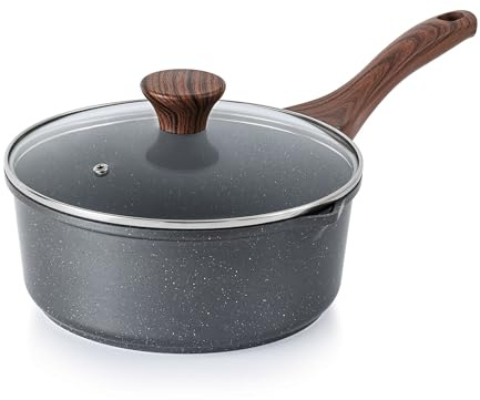 SENSARTE Nonstick Sauce Pan with Double Spout, 3.0 Quarts Swiss Granite Coating Sauce Pot with Lid Medium Kitchen Cooking Pot, Induction Comptable Saucepan, Free of Intentionally Added PFOA