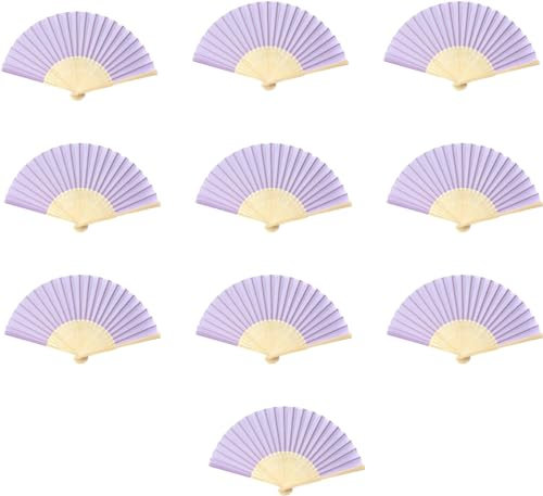 FANSOF.FANS Pack of 10 Fabric Fan with a Tassel Grade A Bamboo Ribs Party Favour Handheld Fan (Pale Lilac Purple)