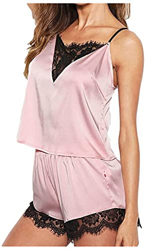 Pigiami Donna Estivo Offerte Oggi Pigiama Corto Casual Donna Pigiama Sexy in Raso di Pizzo Canotta+pantaloncini Tinta Unita Comodo Pigiama Ampio ed Elegante Donna Completo da Indossare per la Casa