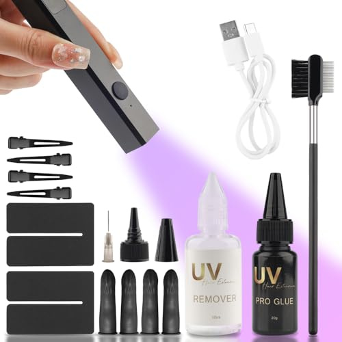 GlamorDove Uv Lamp Hair Extension Tool Kit Uv Hair Glue With Uv Lamp Anti-Uv Protection Protectors Glue Remover Uv Extension Machine For Fit Set