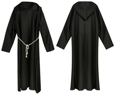 LIUWAZJ Robe à capuche noire avec ceinture en corde blanche pour adulte – Costume d'oncle festant effrayant pour Halloween – Costume de la famille Addams – Tenue religieuse de frère Tuck pour