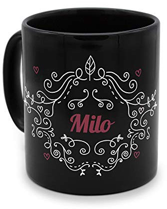 printplanet - Tasse Schwarz mit Namen Milo - Motiv: Ornamente - Namenstasse, Kaffeebecher, Mug, Becher, Kaffeetasse