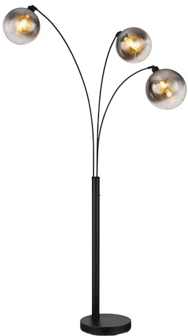 Stehlampe 3 flammig Bogenstehleuchte Rauchglas Wohnzimmerlampe Standlampe schwarz, Metall, 3x E27, LxH 105 x 200 cm