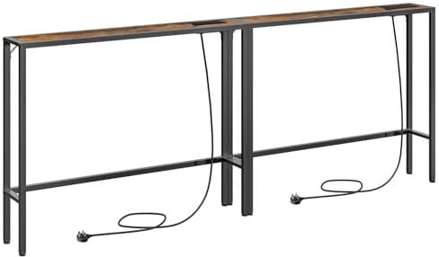 MAHANCRIS 100 cm Console Tables, Set of 2, Hallway Tables with Power Outlets and USB Port, Narrow Sofa Tables, Adjustable Feet, for Foyer, Living Room, Hallway, Rustic Brown and Black ACTHR968KE01S2