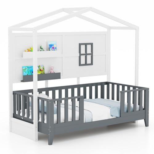 COSTWAY Hausbett 90x200 cm, Kinderbett mit Rausfallschutz und 2 Regalen, Holzbett in Hausform mit Fenster & Lattenrost, Montessori-Bodenbett, Weiß + Grau