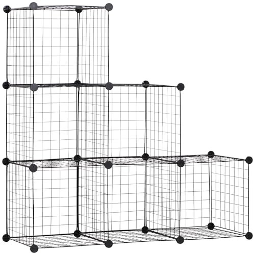 HOMCOM Steckregal, Regalsystem mit 6 Fächern, DIY Würfelregal aus Drahtgitter, Stufenregal für Wohnzimmer, Schlafzimmer, Schwarz, 109 x 37 x 109 cm