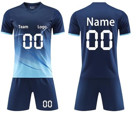 Personalised Football Jersey für Kinder Erwachsener Fußball Trikot Set mit T-Shirt und Shorts Fussball Set Customisable Namen Nummer Team und Logo