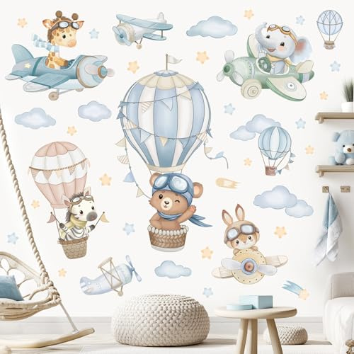 wondever Hot Air Balloon Animals Wall Decals Airplane Bear Wall Stickers | Peel and Stick, Removable, Wall Art Decals, Wall Decoration, Kids Room, Bedroom Baby Nursery Playroom Decor