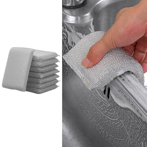 6 PCS Scourers Scouring Pads Sponge, Non Scratch Scrubbing Metal Scourer Reusable Kitchen and Bathroom Cleaning Long-Lasting Dish Multi-surface Pads Sponge(silvery)