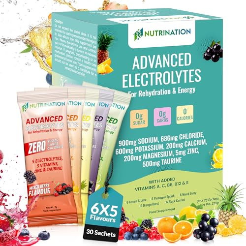 Advanced Electrolytes Sachets – High Strength Hydration Sachets with 5 Electrolytes, 5 Essential Vitamins & 500mg Taurine for Energy Support – Zero Sugar, Zero Calories – Variety Pack of 30