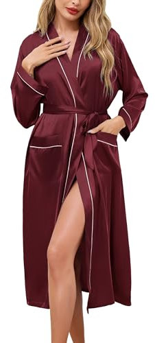 Sopesil Women's Satin Dressing Gowns Long Ladies Kimono Lightweight Morning Robes Bridal Soft Wedding Party Sleepwear V-Neck, Purple red,L