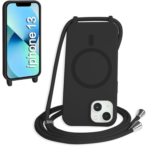 FMPCUON Crossbody Lanyard Case for iPhone 13,Wireless Charging Shell with Adjustable Neck Cord Lanyard Strap Stylish Shockproof Silicone,Black