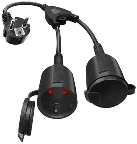 Doppelstecker für Steckdose, 16A/250V/Max Verlängerungskabel mit 2 Schuko Steckdosen, IP44 Wasserdicht Mehrfachsteckdosenadapter für Zuhause Büro und Außenbereich, 1.5 mm² (Schwarz)