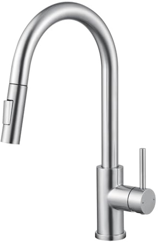 DERW Kitchen Tap, Kitchen Mixer Tap with Pull Out Sprayer, 2-Mode Spray | 360° Swivel Spout, 304 Stainless Steel & Ceramic Cartridge, Water Saving Aerator & Anti-Burst Hose, Flexible Install for Sink