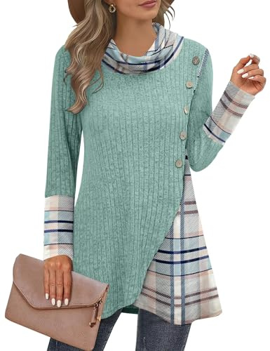 GUUKA Women's Long Sleeve Jumpers Casual Patchwork Crew Neck Tunic Tops Fall Winter Lightweight Sweaters Buttons Side(Mint Green,2XL)