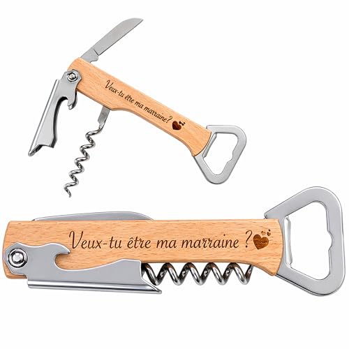 3 en 1 Tire-Bouchon & Décapsuleur – Ouvre-Bouteille Vin & Bière – Cadeau Annonce Grossesse pour Future Marraine – demande marraine- Idée Originale et Émotionnelle (Veux-tu être ma marraine ?)
