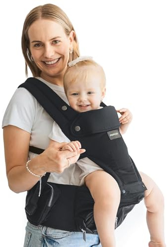 Momcozy Babytrage mit Hüftkissen, 2-in-1 Verstellbare & Abnehmbare Hüfttrage bis 20kg, Atmungsaktive Tragehilfe mit Lendenstütze für Eltern, Leichte Babytrage für Neugeborene, Schwarz