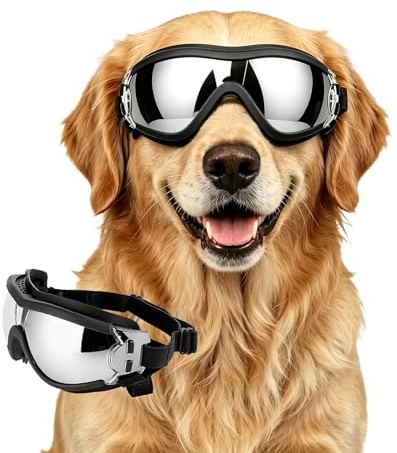 Enjoying Hundebrille Groß UV-Schutz, Sonnenbrille für Hunde Mittlere bis Groß Rassen, Anti-Nebel Winddicht Staubschutz, Hund Fahrbrille Augenschutz, Verstellbare Bänder, Jet Schwarz