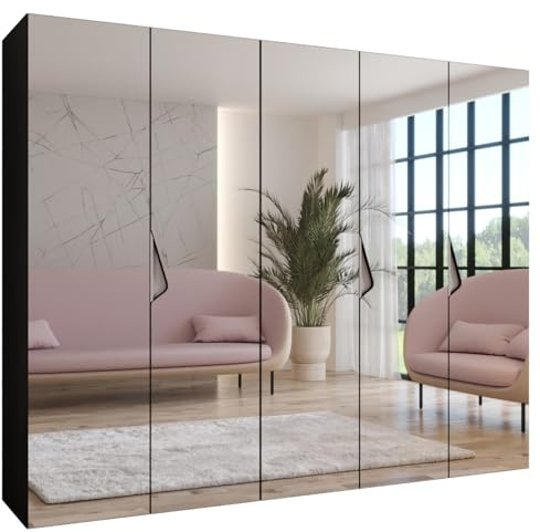 MEBLE KRYSPOL - Kleiderschrank - Garderobenschrank - 250 cm x 202 x 52 cm - Schrank mit Kleiderstange und Spiegel, 5 Türen - für Schlafzimmer, Flur - SANDI, Schwarz, Griff Kaschmir