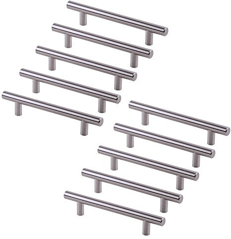 Emuca - Lote de 10 tiradores para mueble Ø12mm intereje 128mm en acero acabado níquel satinado,10 unidades
