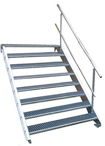 8 Stufen Stahltreppe einseitigem Gelände/Breite 100 cm Geschosshöhe 120-160cm / Robuste Außentreppe/Wangentreppe/Stabile Industrietreppe für den Außenbereich/Inklusive Zubehör