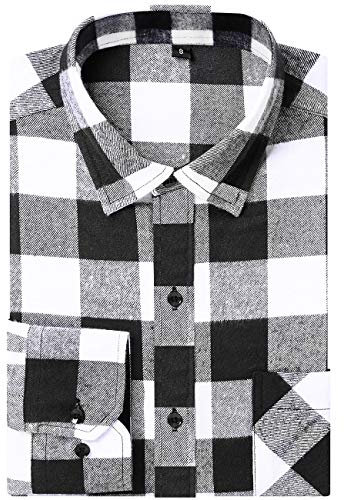 DOKKIA Herren Freizeitkleid Langarm Buffalo Plaid Kariert Fitted Flanellhemd, Schwarz Weiß Buffalo, Mittel