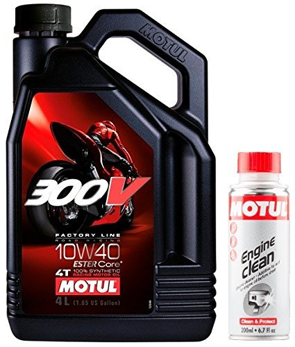 Motul Duo Huile Moto 300 V Factory Line Road Racing 4T 10 W-40, 4 l + Engine Clean 200 ML