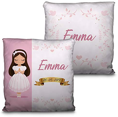 LolaPix Cojín relleno de Poliéster. Regalos comunión Personalizados con Nombre y Texto. Varios diseños. NIÑA Morena